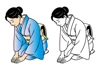 正座でお辞儀をする着物の女性
