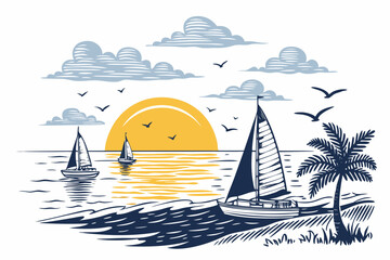 Create a bold, vector illustration of a dramatic ocean horizon at sunset, featuring stylized waves with a strong, clean line art style.