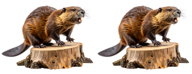 Angry Beaver with Gnawed Tree Stump, Action Pose, Transparent Background