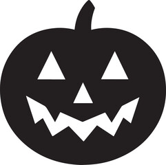 Black and white halloween pumpkin jack o lantern smiling with white features and stem