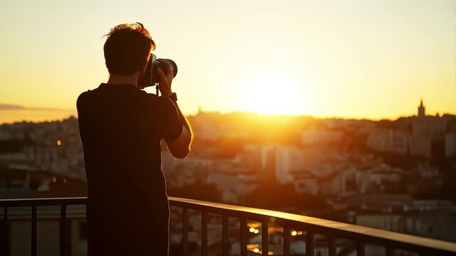 Photographer Capturing City Sunset Scenery From Balcony