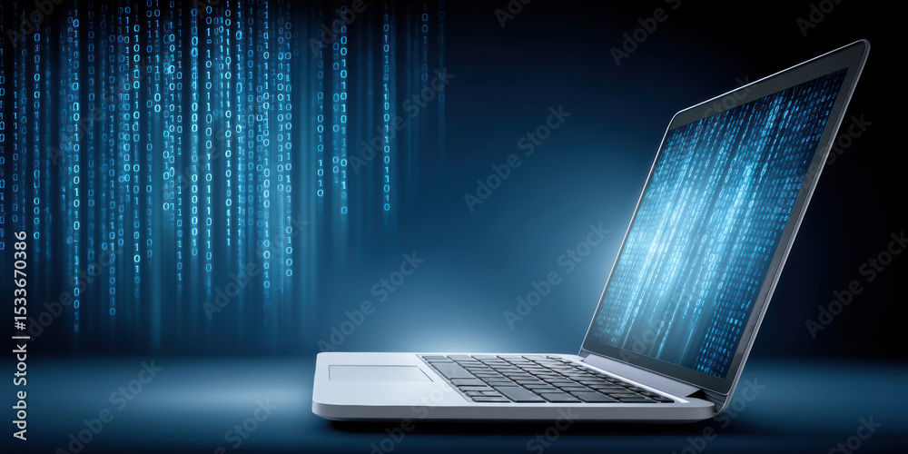 Poster digital network security concept with laptop and binary code data stream in blue light