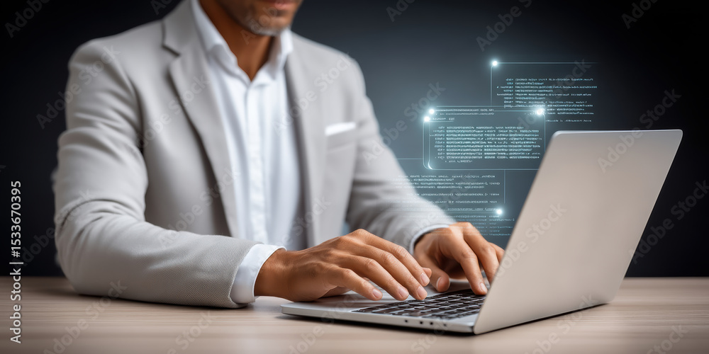 Poster man in suit working on laptop with digital code overlays representing network security and data prot