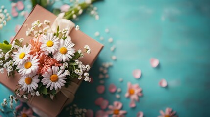 Gift Box and Flower Bouquet on Blue Background – Spring Holiday Flat Lay with Copy Space