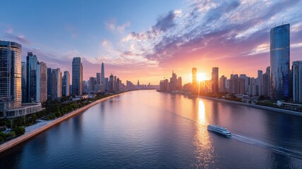 Obraz premium Sunrise over advanced metropolis skyline with reflective river