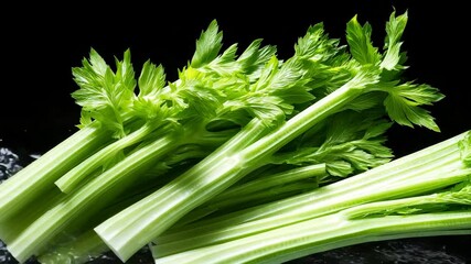 Fresh celery stalks mid-splash with crisp green details and flowing water effects against a deep black backdrop