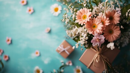 Gift Box and Flower Bouquet on Blue Background – Spring Holiday Flat Lay with Copy Space