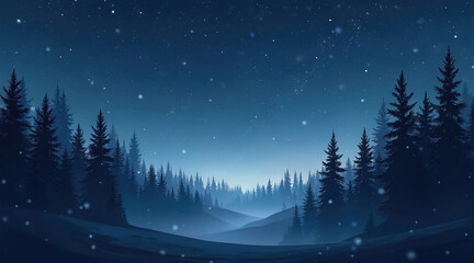 Serene night forest illustration. Snowflakes fall gently, night sky filled stars. Deep forest with trees silhouettes, soft lighting creates dreamlike atmosphere for winter holidays.