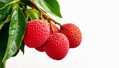 Lychee fruit on a tree. using macro technique. white background. copy space