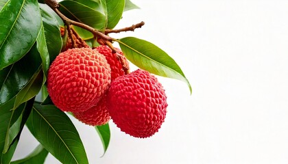 Lychee fruit on a tree. using macro technique. white background. copy space