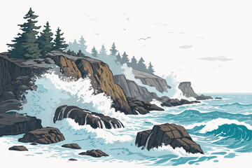 Create a bold, vector illustration of a rugged, dramatic rocky coastline with strong, defined strokes and sharp edges.