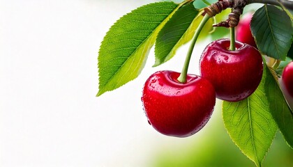 Cherry fruit on a tree. using macro technique. white background. copy space