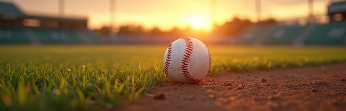 Baseball rests on field at sunset. Ball at baseball stadium with green grass. Golden sun sets down at baseball playground. Game moment, sport competition. Sunny scenic landscape. - Powered by Adobe