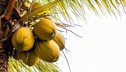 Coconut fruit on a tree. using macro technique. white background. copy space
