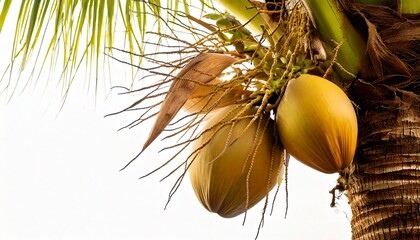 Coconut fruit on a tree. using macro technique. white background. copy space