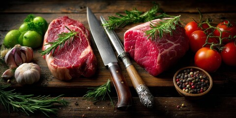 Fresh raw beef steaks with seasoning and knives on rustic wooden board