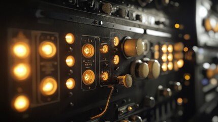 Close-up of vintage control panel with illuminated buttons and knobs.