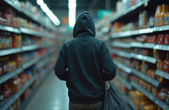 Fototapeta Person wearing hooded sweatshirt walks supermarket aisle. Carries bag, possibly stolen goods. Crime concept, shoplifting, theft, insecurity, urban setting, night, surveillance. Retail store, grocery.