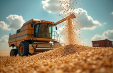 Combine harvester unloads grains into pile, midday sun, blue sky. Farming machinery, harvest season. Agriculture, field work, farm equipment, agricultural machines, land. Corn, wheat, barley, grains.