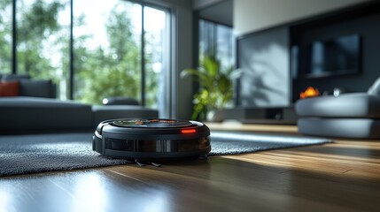 Robot Vacuum Cleaner on Rug in Modern Living Room, Smart Home