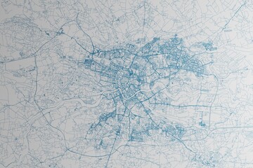 Map of the streets of Krakow (Poland) made with blue lines on white paper. 3d render, illustration
