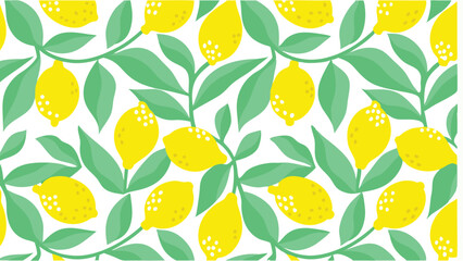 A vibrant pattern of yellow lemons with green leaves on a white background creates a fresh design