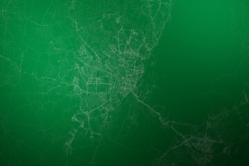 Map of the streets of Szczecin (Poland) made with white lines on abstract green background lit by two lights. Top view. 3d render, illustration