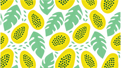 Seamless pattern with yellow papayas and green monstera leaves on a white background design is cool