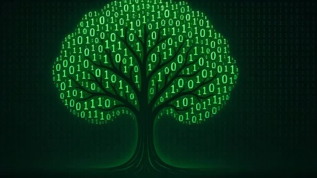 A digital tree composed of binary code, representing the intersection of nature and technology. The green tones invoke growth and sustainability in the modern digital age.