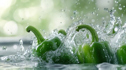 Fresh Green Bell Peppers Splashing in Water