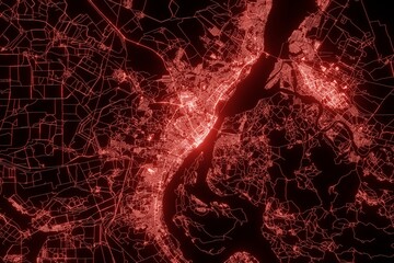 Street map of Volgograd (Russia) made with red illumination and glow effect. Top view on roads network. 3d render, illustration