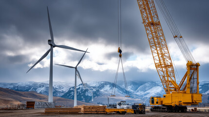 Wind turbine construction site, crane lifting parts, industrial scene. Engineer with technician are inspection work in wind turbine farms rotation to generate electricity energy