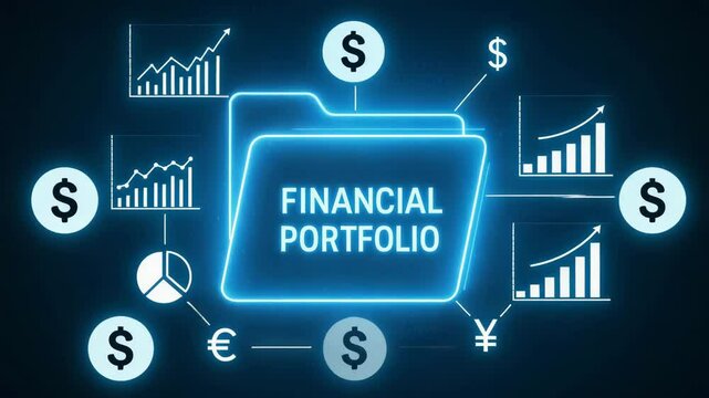 A digital representation of a financial portfolio featuring graphs, currency symbols, and growth indicators, symbolizing investment strategies, market trends, and economic analysis