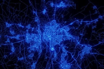 Street map of Seville (Spain) made with blue illumination and glow effect. Top view on roads network
