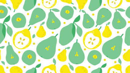 A repeating pattern of green and yellow pears with leaves and cross sections on a white background design