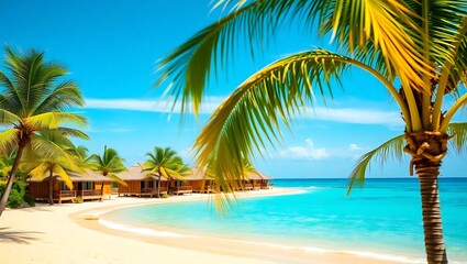 Tropical beachfront bungalows with palm trees