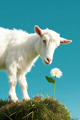 Fototapeta premium one sheep stood beside a flower on the grass all the time
