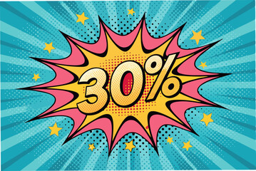 Design a vibrant background showcasing a discount explosion effect using a halftone pattern.  Include bursting shapes and bold typography.