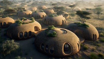 Group of unique, round, earth-toned structures nestled in a desert landscape.