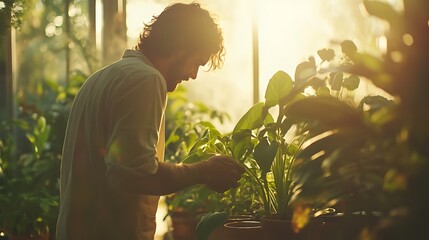 Obraz premium Man Tending Plants in Greenhouse Bathed in Warm Sunlight