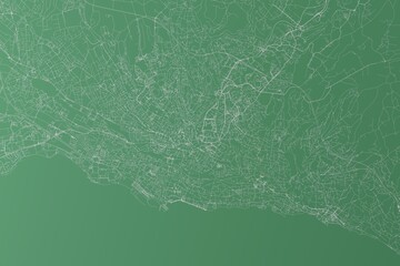 Stylized map of the streets of Lausanne (Switzerland) made with white lines on green background. Top view. 3d render, illustration