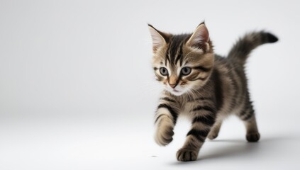 Obraz premium Adorable brown tabby kitten walking towards the camera on a white background