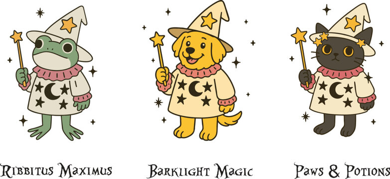 Cute Wizard Animals Illustration &ndash; Frog, Dog and Cat in Magical Outfits