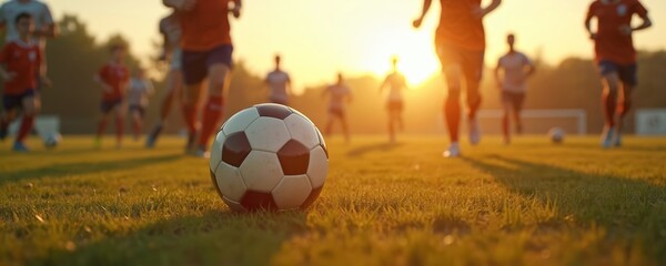 Soccer ball on green grass field at sunset with players running. Sports action, teamwork, competition, athletes in motion, goal. Active lifestyle, game, leisure.
