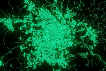 Map of the streets of Goiania (Brazil) made with green illumination and glow effect. Top view on roads network. 3d render, illustration