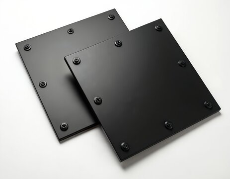 Steel armor plates for body armor isolated on white background. Black square plates with screws. Bulletproof protection for police, military, swat, special forces combat operations.