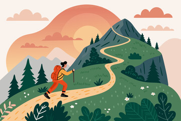Flat design illustration of a hiker ascending a mountain trail, showcasing vibrant colors and minimalist style.  Focus on the journey and positive energy.