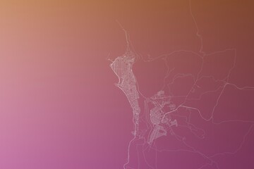 Map of the streets of Iquique (Chile) made with white lines on pinkish red gradient background. Top view. 3d render, illustration