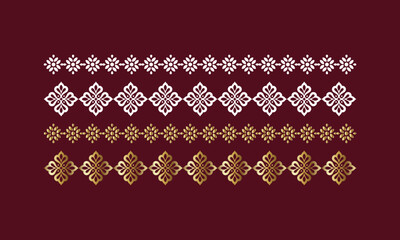 A luxurious set of ornamental floral border patterns featuring intricate gold and white motifs on a deep maroon background. 