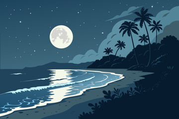 Create a flat vector illustration of a tranquil night beach scene with a glowing moon reflecting on calm ocean waters.  Include detailed sand, subtle waves, and a dark, starry sky.
